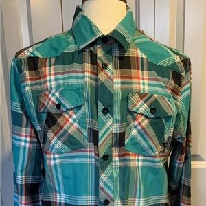 O'NEILL Men's Button Down Shirt L Cotton Blend Green Plaid Pockets Long Sleeve